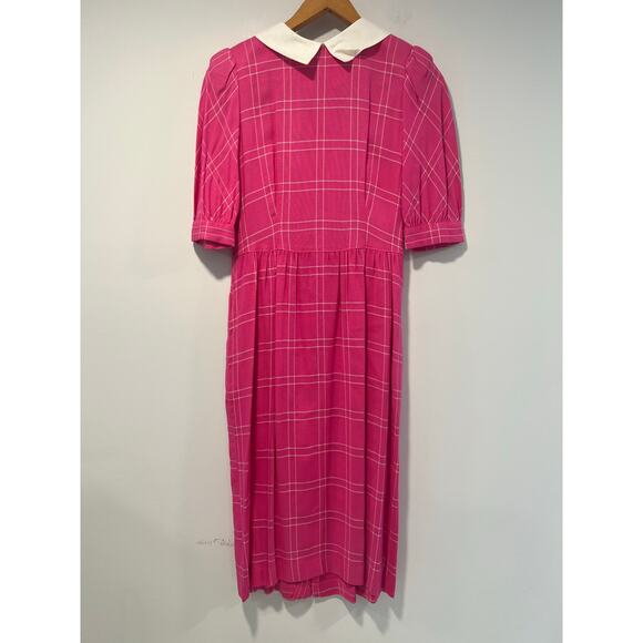 Vintage Lanz Midi Dress Rayon Pink White Contrast Peter Pan Collar Size 6 JL - Picture 1 of 10